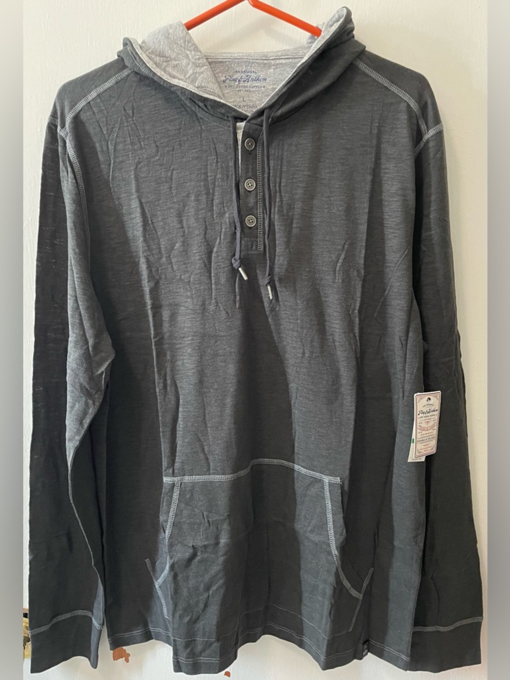 Flag & Anthem Men’s Long Sleeve Charcoal Sweatshirt Hoodie Front Pocket Large L
